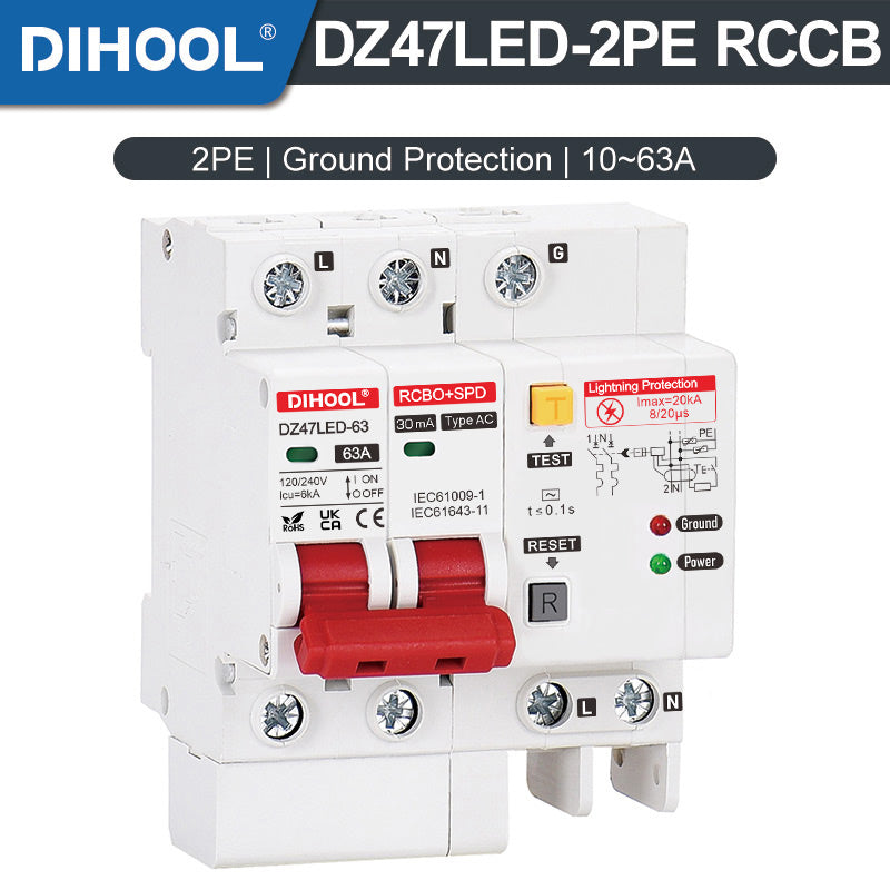 DZ47LED-2PE Residual Current Circuit Breaker RCBO 10-63A