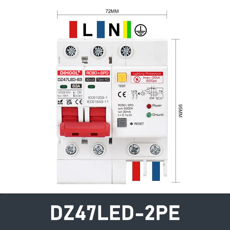 DZ47LED-2PE Residual Current Circuit Breaker RCBO 10-63A