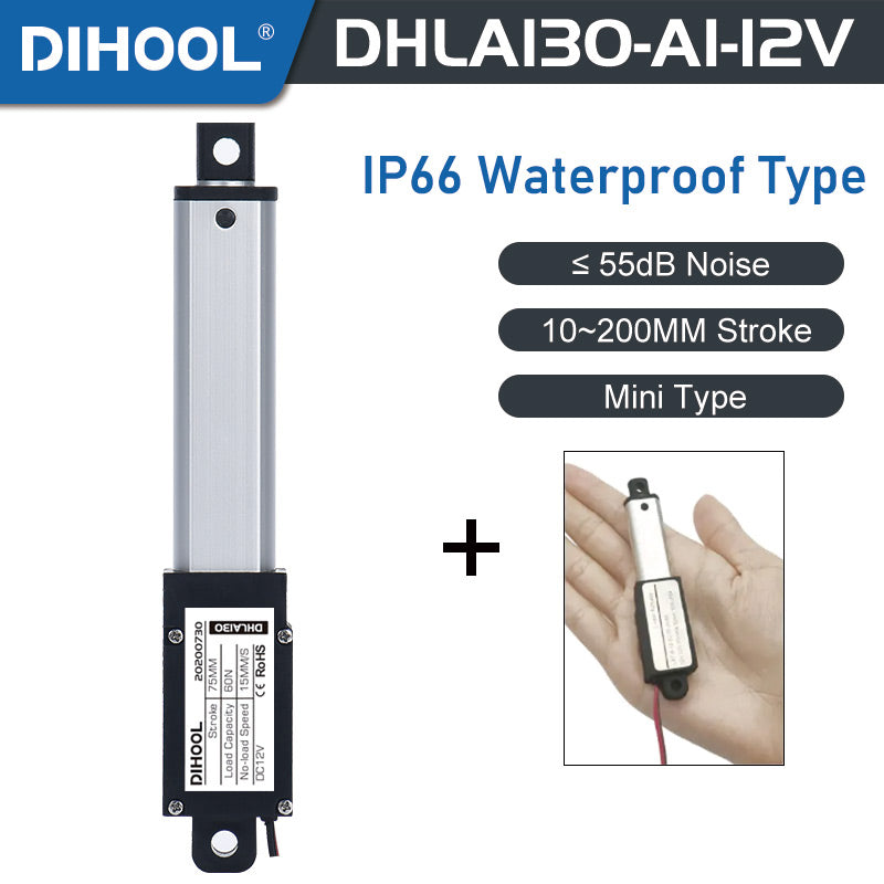 DHLA130 IP66 Waterproof Micro/Mini Linear Actuator 12V DC Motor 180N 40LB Load - DHLA130-IP66-A1-12V