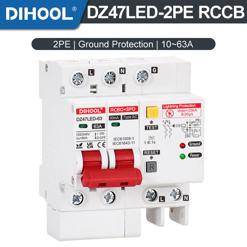 DZ47LED-2PE Residual Current Circuit Breaker RCBO 10-63A
